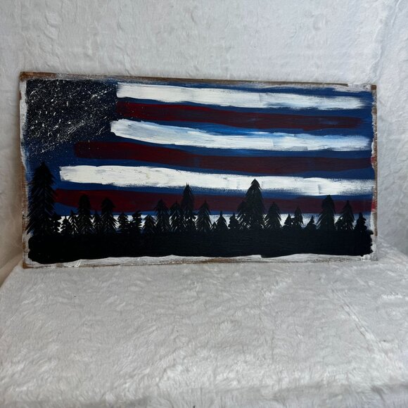 Hand-Painted American Flag On Wood With Forest Silhouette Wall Art - Picture 1 of 6
